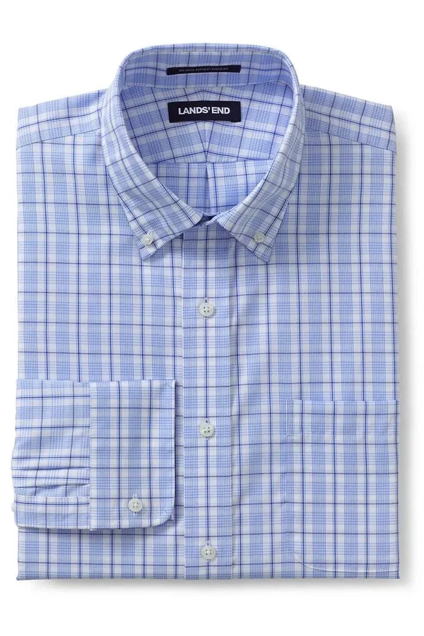 Men's Slim Fit Pattern No Iron Supima Pinpoint Buttondown Collar Dress Shirt - Lands& End - Blue - 15/34