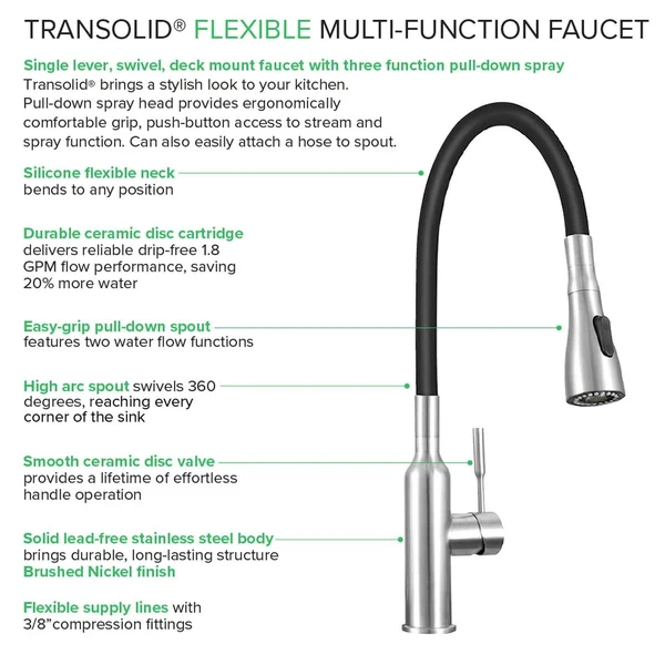Transolid Single-Handle Utility Faucet with Dual Spray and Flex Neck in Brushed Nickel/Grey PF7509C