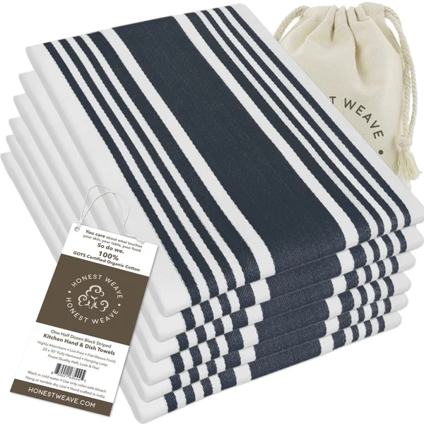 Honest Weave GOTS Certified Organic Cotton Kitchen Hand and Dish Towel Sets - Oversized 20x30 Inches, Fully Hemmed, in Designer