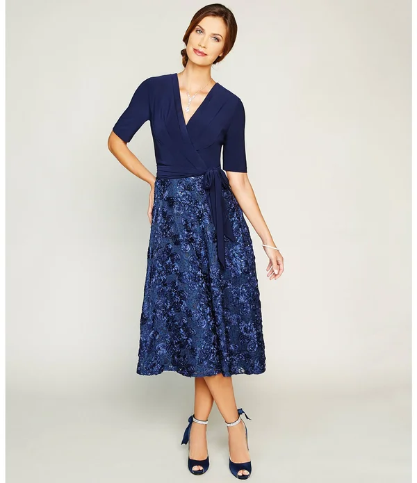 Alex Evenings Women's Rosette Tea-Length Dress, Blue 16