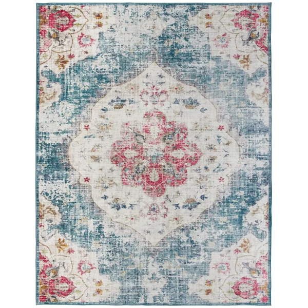 Machine Washable - Vintage Distressed Bohemian - Light Blue - 4& x 6& - 4& x 6& (Blue - Pink, Ivory)