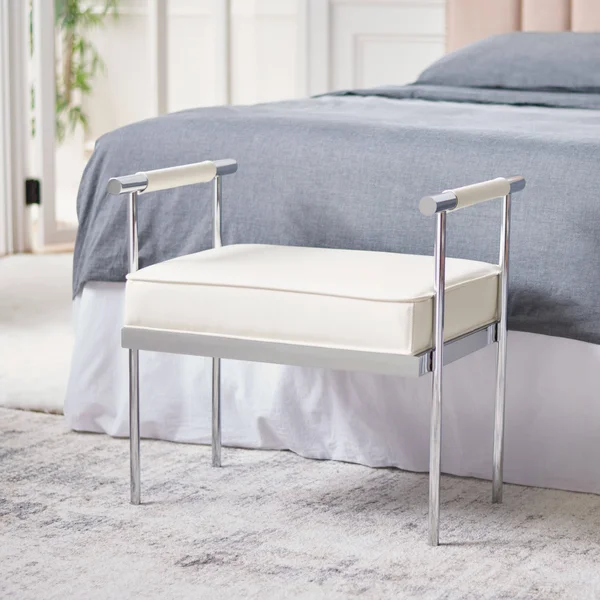 Safavieh Pim Small Rectangle Bench w/ Arms - White - Chrome