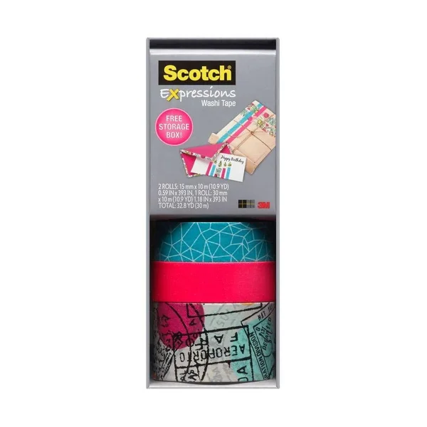 Scotch Expressions Washi Tape, Multi-Pack with Storage Box, Neon Pink, Travel, 3 Rolls (C317-3PK-TRV)