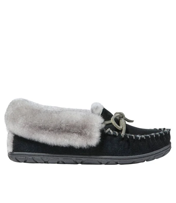 Women's Wicked Good Sheepskin Shearling Lined Moccasin Slippers Black 10 M, L.L.Bean