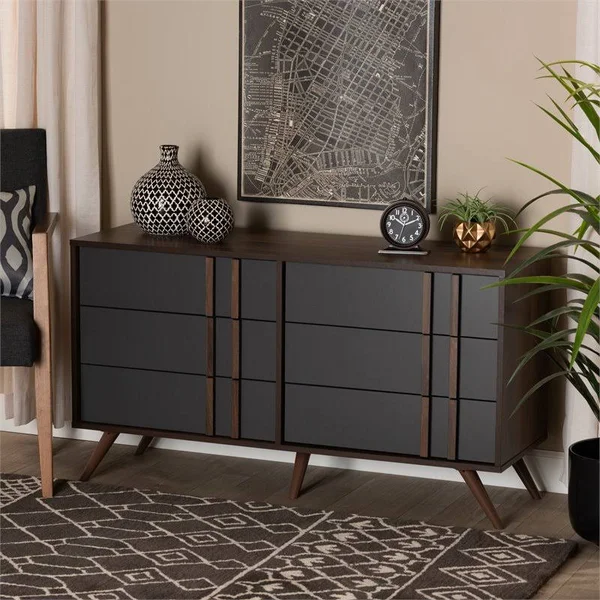 Bowery Hill Gray and Walnut Finished Wood 6-Drawer Bedroom Dresser