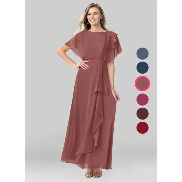 Azazie A-Line/Princess Scoop Floor-Length Chiffon Modest Bridesmaid Dresses - Desert Rose