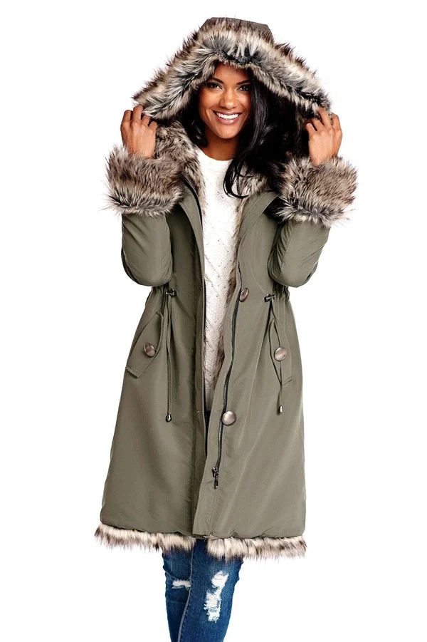 Donna Salyers& Fabulous-Faux Furs Women's Overcoat Olive Hooded Faux Fur-Lined Knee-Length Coat Xs
