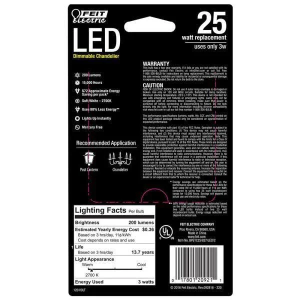 Feit Electric 25-Watt Equivalent (2700K) B10 Dimmable Filament LED Clear Glass Light Bulb - Soft White (12-Pack)