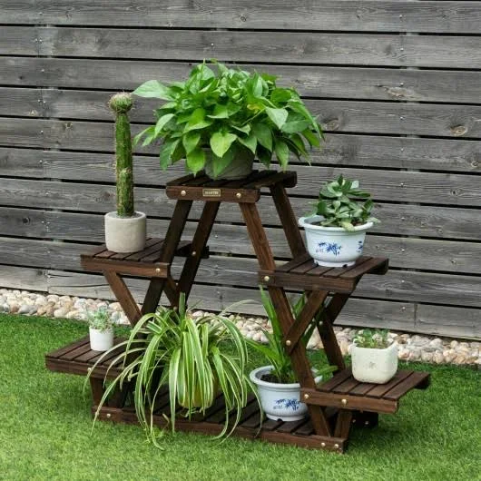 Costway Wood Plant Stand Triangular Shelf 6 Pots Flower Shelf