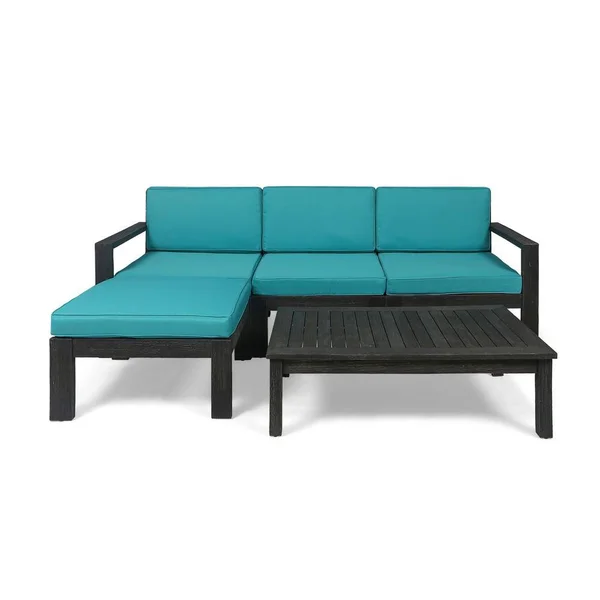 Noble House Santa Ana 3 Seater Acacia Wood Sofa Sectional with Cushion Dark Gray/Teal