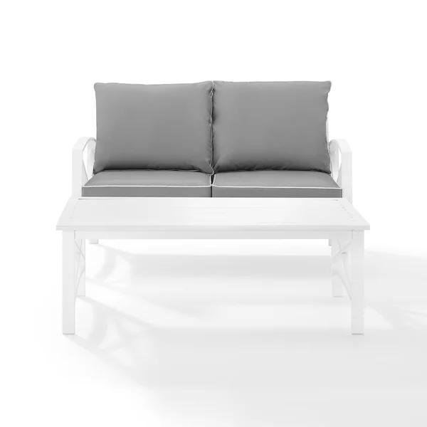 Crosley Kaplan 2-Piece Outdoor Seating Set, White, Gray Cushions, Loveseat, Coffee Table