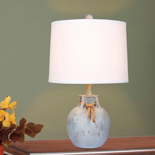 Fangio Lighting 22 in. Antique Blue Distressed Jug with Rope Collar Resin Table Lamp