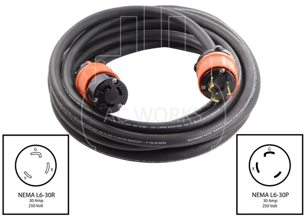 AC Works NEMA L6-30 Rubber SOOW 10/3 Extension Cord (25ft)