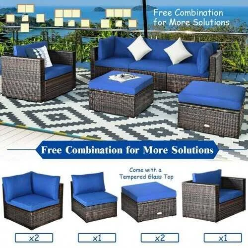 6 Pcs Patio Rattan Sectional Cushion Furniture Set-Turquoise