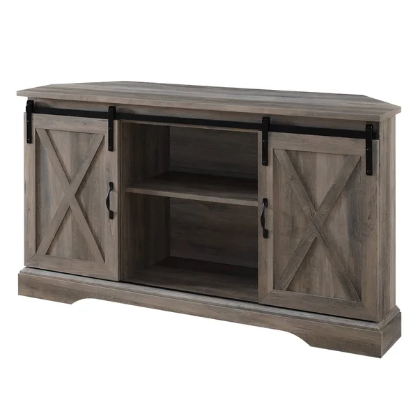 Robinson Rustic Farmhouse Sliding Barn Door Corner TV Stand for TVs Up to 58x22 Gray Wash - Saracina Home