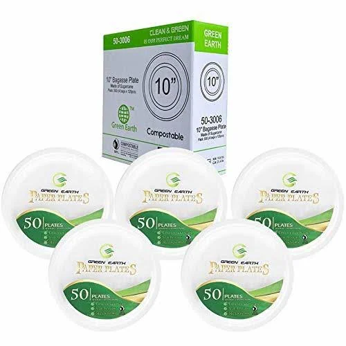 Green Earth - Natural Bagasse (Sugarcane Fiber) Tree Free 10x22 Paper Plate, Biodegradable, Compostable (500 Counts Disposable