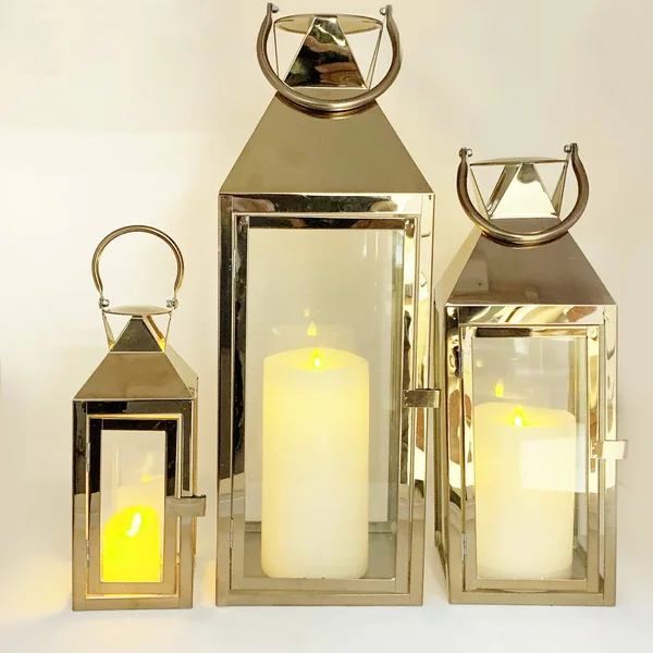 Allgala 3-Pc Set Jumbo Luxury Modern Indoor/Outdoor Hurricane Candle Lantern Set with Chrome Plated Structure and Tempered Glass