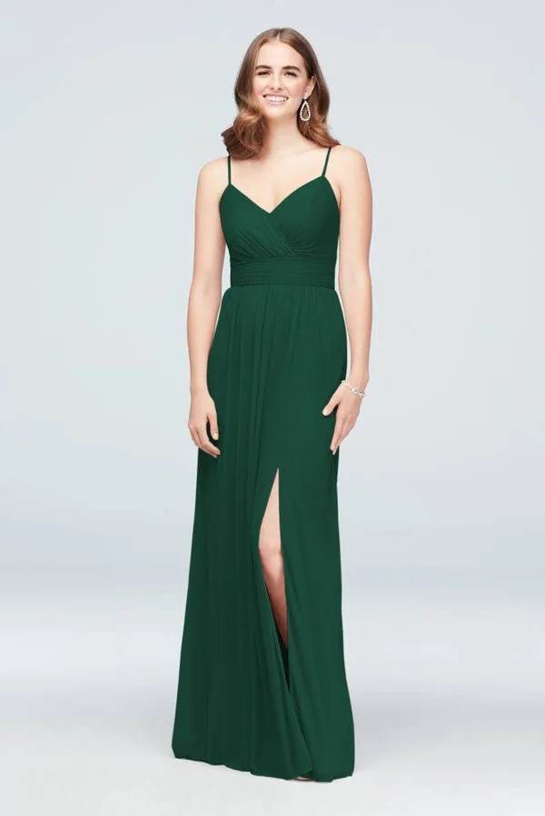 David&s Bridal Spaghetti Strap Ruched Waist Mesh Bridesmaid Dress - Juniper (Green) - 12