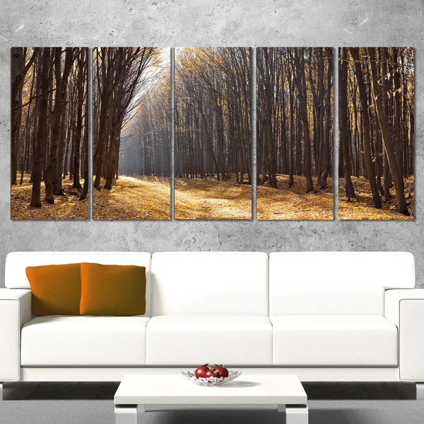Design Art 'Light in The Forest Path Panorama' 5 Piece Photographic Print on Wrapped Canvas Set - Brown