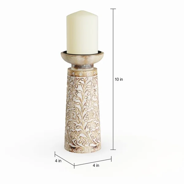 The Curated Nomad Buckroe 3-Piece Mango Wood and Iron Carved Floral Candle Holder Set - Brown