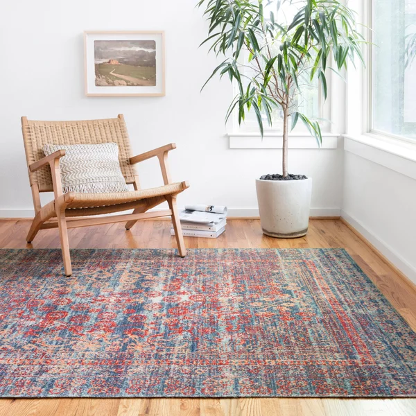 Alexander Home Katherine Boho Floral Vintage Distressed Rug - Red/Navy 9& x 13&3x22