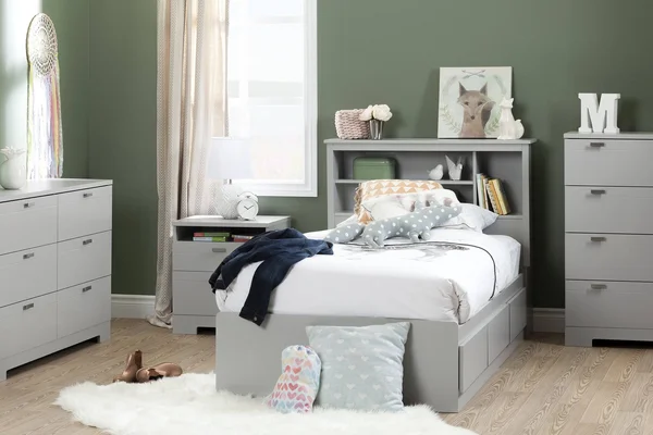South Shore Reevo Twin Mates Bed with 3 Drawers - Soft Gray