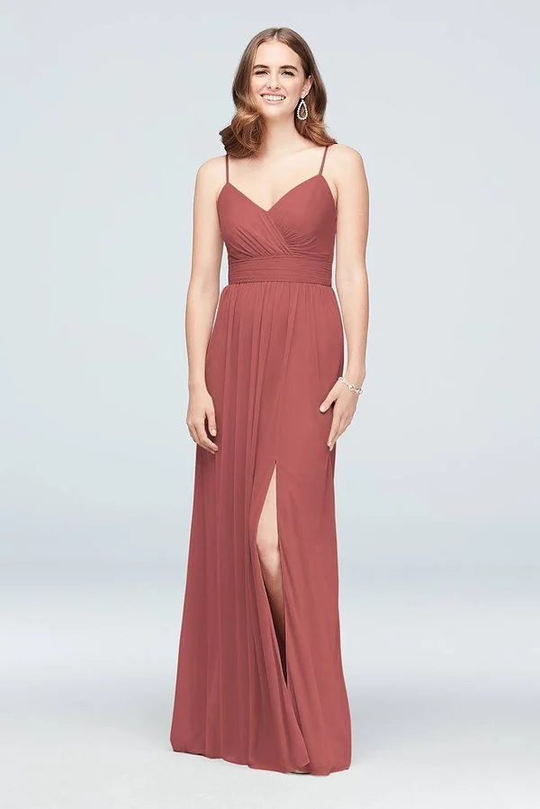 David&s Bridal Spaghetti Strap Ruched Waist Mesh Bridesmaid Dress - Juniper (Green) - 12