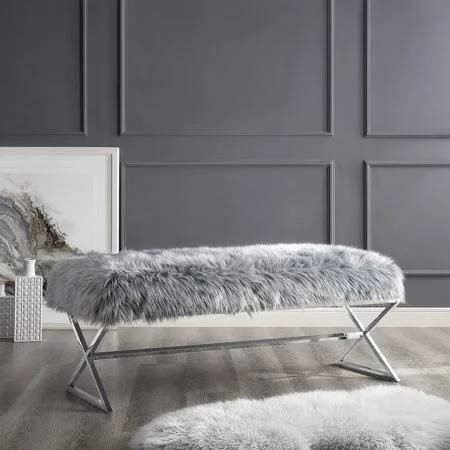 Inspired Home Nicole Faux Fur Backless Bedroom Bench - Gray