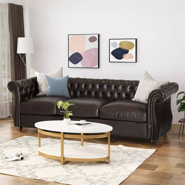 Noble House Somerville Chesterfield Tufted Sofa with Scroll Arms in Brown