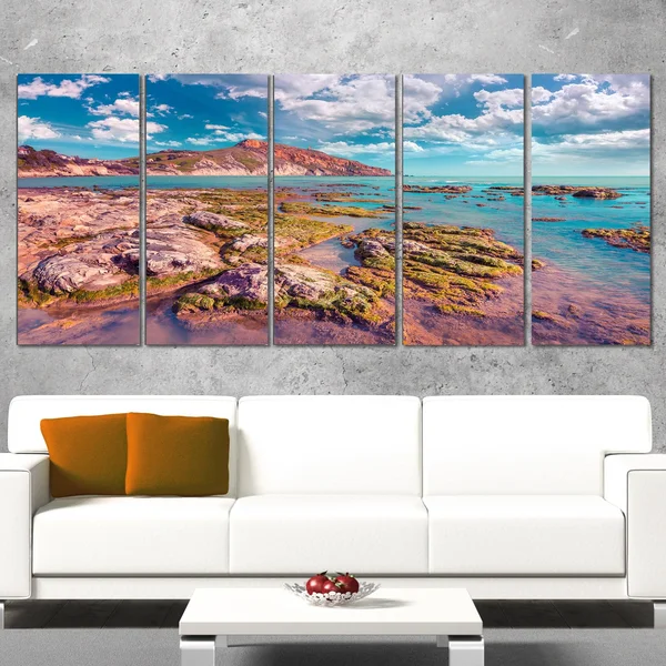 Design Art 'Morning on The Giallonardo Beach' Photographic Print on Wrapped Canvas - Size: 28 inch x 60 inch, Blue