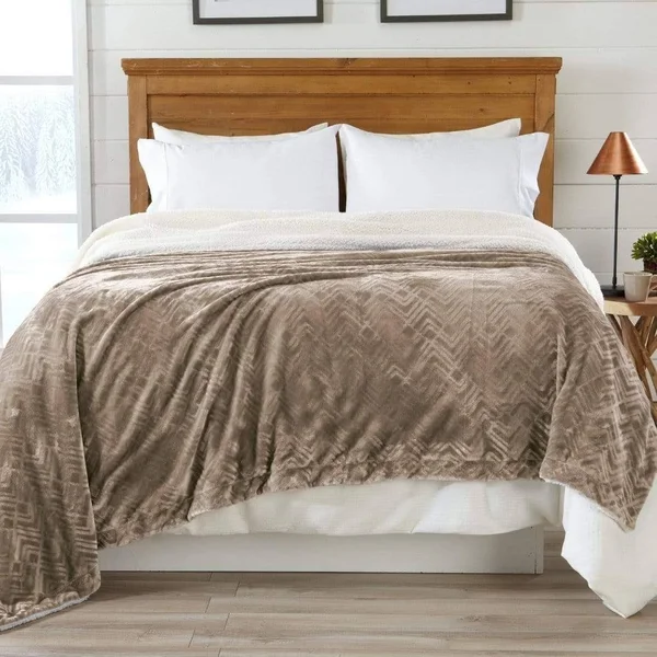 Velvet Plush Sherpa Luxury Bed Blanket - Berber Collection - Full, Queen, Taupe by Great Bay Home