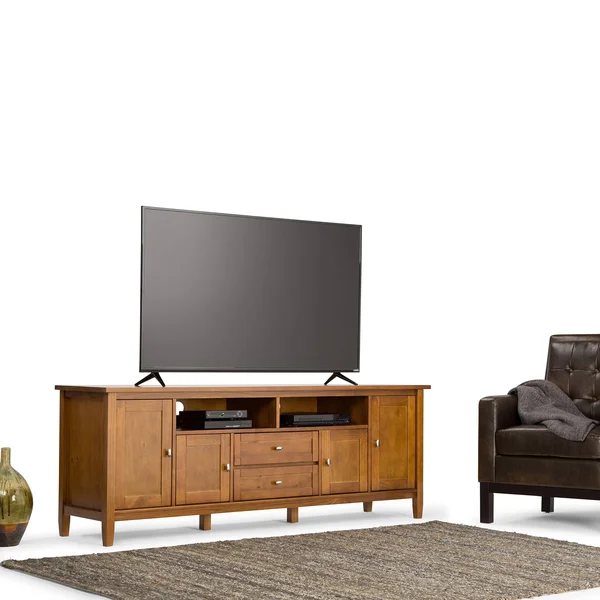 Simpli Home Warm Shaker Solid Wood 72 in. Wide Transitional TV Media Stand in Light Golden Brown for TVs Up to 80 in.