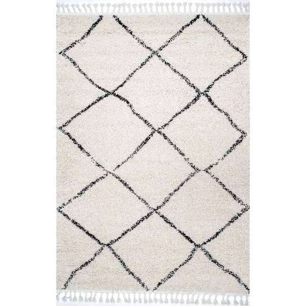 nuLOOM Jessie Moroccan Lattice Shag Off-White 8 ft. x 11 ft. Area Rug - Beige