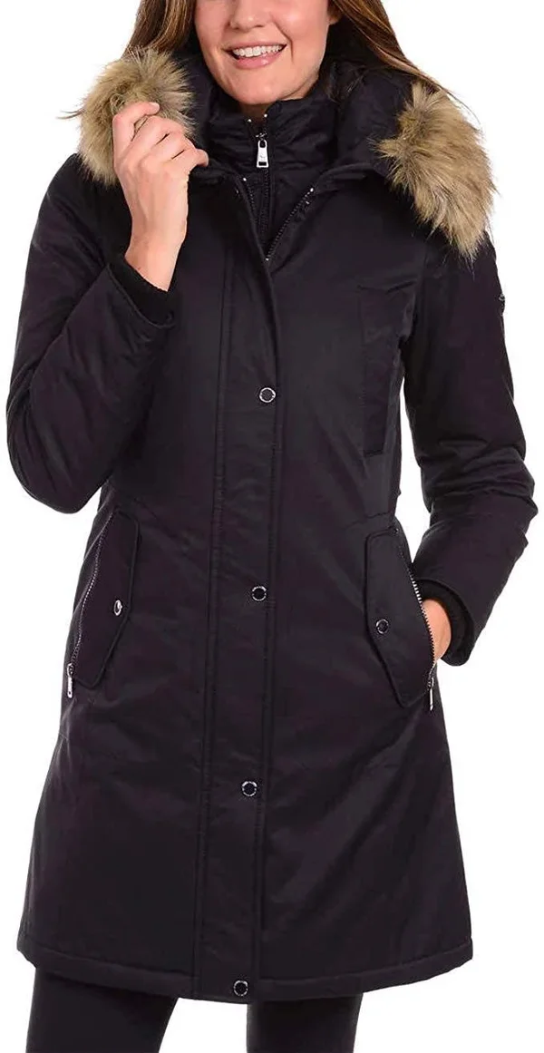 1 Madison Ladies& Water Resistant Long Parka with Faux Fur Hood, Black