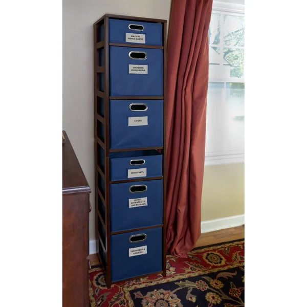Fairway 67x22 Square Folding Bookcase with Folding Fabric Bins- Mocha Walnut/Blue