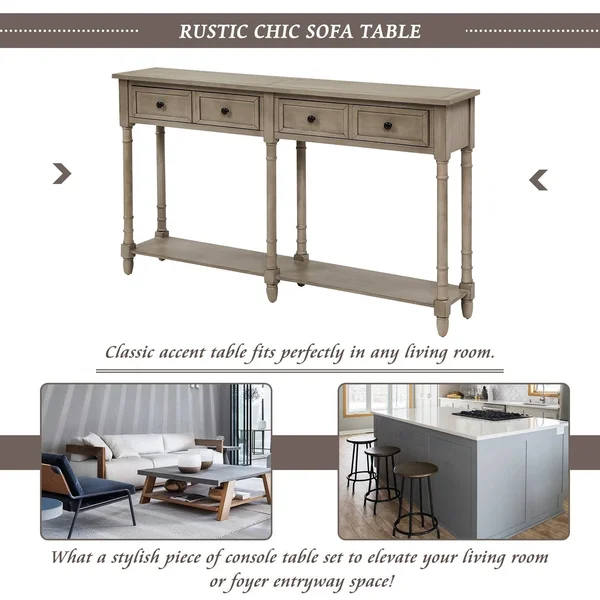 Grey Wash Entryway Console Table with 2 Drawers and Bottom Shelf - Wood
