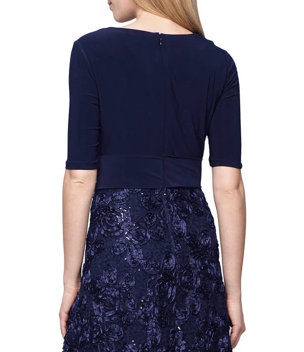Alex Evenings Women's Rosette Tea-Length Dress, Blue 16