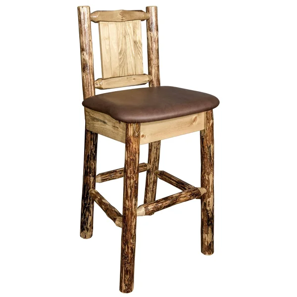 Montana Woodworks MWGCBSWNRSADDLZELK Glacier Country Barstool with Back - Saddle Upholstery with Laser Engraved Elk Design