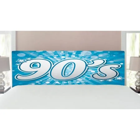 90s Headboard, 90's Letter and Stars on Striped Background with Circles Party Celebration Themed Art, Upholstered Decorative Met