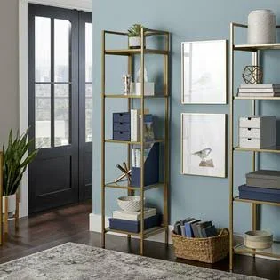 Better Homes & Gardens Nola Narrow Bookcase Shelf Bookshelf Storage Gold Organizer Tempered Glass