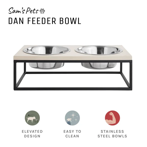 Sam&s Pets Dan Double Wood and Stainless Steel Pet Bowl