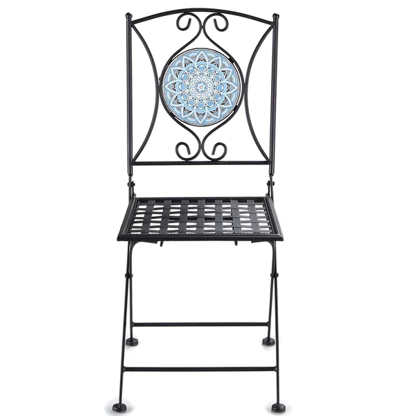 Metal Folding Patio Chair with Decorative Tile Mosaic - Black