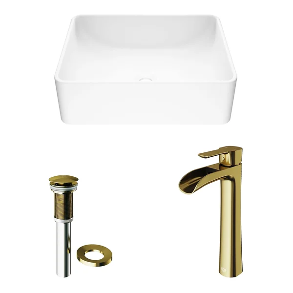 Vigo Matte Stone Amaryllis Composite Rectangular Vessel Bathroom Sink in White with Faucet and Pop-Up Drain in Matte Gold VGT146