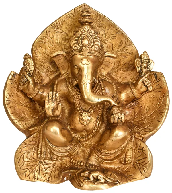 Lord Ganesha in Silver Hue Seated on Flower Couch - Brass Sculpture
