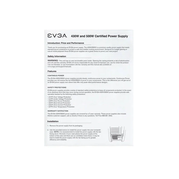 EVGA 500 W1 - 80+ White 500W Power Supply( 100-W1-0500-KR)