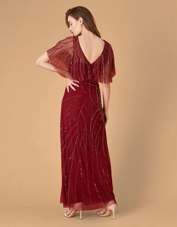 Monsoon Florence Embellished Flutter Sleeve Maxi Dress Red