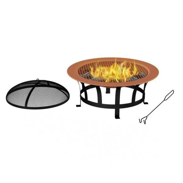 Pure Garden 30 in. W x 20 in. H Round Steel Wood Burning Outdoor Deep Fire Pit in Copper/Black with Grilling Grate, Multi-Colore