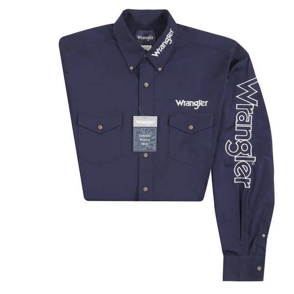 Wrangler Men's Logo Long Sleeve Button Down Solid Shirt (Size: Medium) Dark Blue