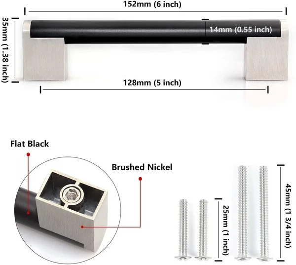 Fulgente European Modern Cabinet Pulls, Stainless Steel Kitchen Cabinets Hardware Drawer Handles Flat Black with Brushed Nickel