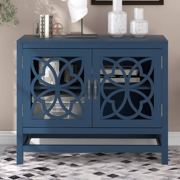 Wood Accent Buffet Sideboard Storage Cabinet with Doors & Shelf, Brown - Navy Blue